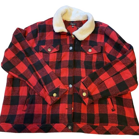 Torrid Women 4/4X Red Black Plaid Buffalo Trucker Jacket Sherpa Collar Outdoors - Picture 1 of 10